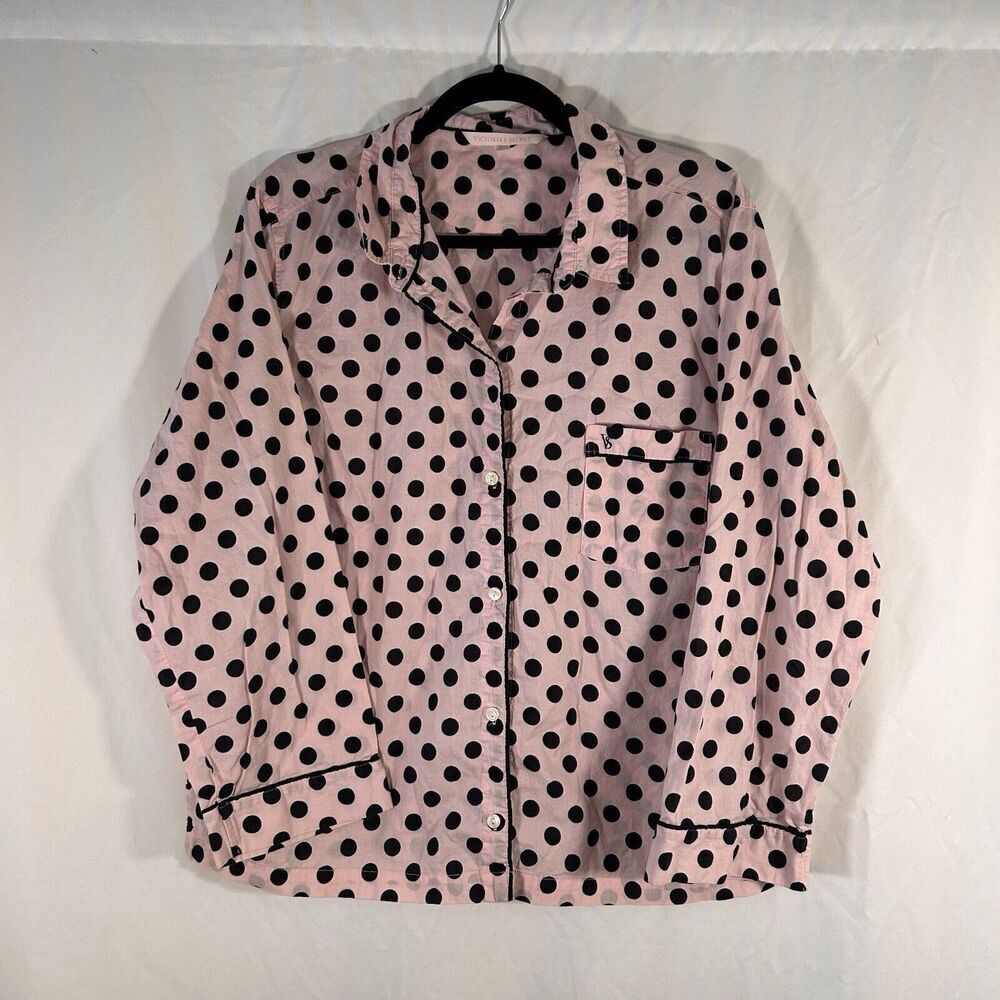 Victoria's Secret Night Shirt Women's XL Pink Polka Dot Button Up Long Sleeve